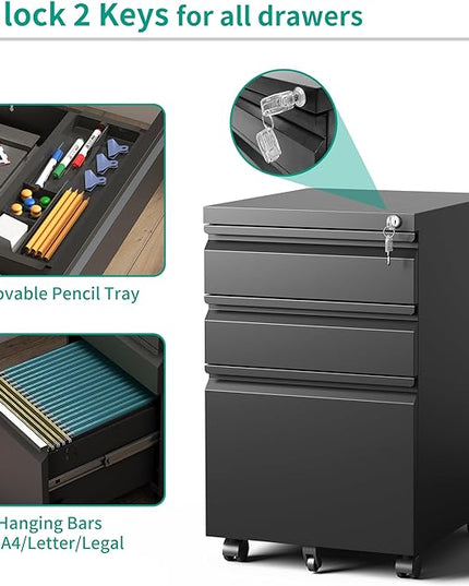 3 Drawer Mobile File Cabinet with Lock, Under Desk Metal Filing Cabinet, Fully Assembled Rolling File Cabinet with Wheels for Home Office Letters/Legal/A4 (Black) - LeafyLoom