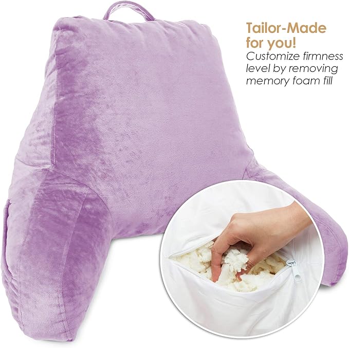 Clara Clark Reading Pillow for Kids, Small Back Pillow for Sitting Up in Bed, Memory Foam Back Support Pillow, Reading Pillows for Sitting in Bed, Lavender Gaming Pillow for Bed with Arms and Pockets - LeafyLoom