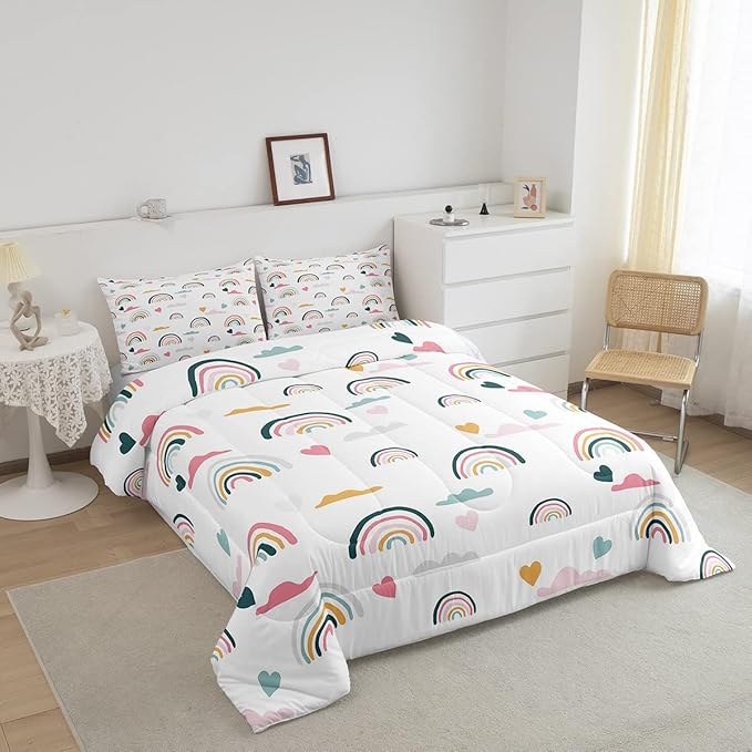 Erosebridal Kids Rainbow Bedding Set, Girly Love Heart Comforter Set Queen Size Cartoon Rainbow Cloud Duvet Sets for Girls Boys Women Bedroom Decor, Soft Microfiber Down Comforter 3 Pieces,Colorful - LeafyLoom