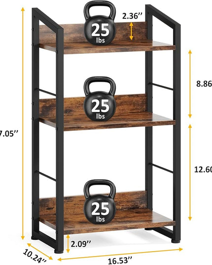 3 Tier Bookshelf: Small Modern Industrial Bookshelves for Bedroom, Short Bookcase Book Shelf for Small Spaces (Rustic Brown) - LeafyLoom