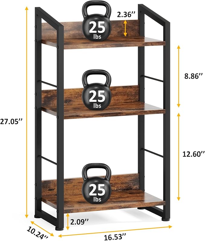 3 Tier Bookshelf: Small Modern Industrial Bookshelves for Bedroom, Short Bookcase Book Shelf for Small Spaces (Rustic Brown) - LeafyLoom