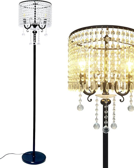 Hsyile KU300267 Modern Elegance Crystal Floor Lamp for Living Room,Bedroom,Office - Standing Tall Pole Lamp - Classic Black - LeafyLoom