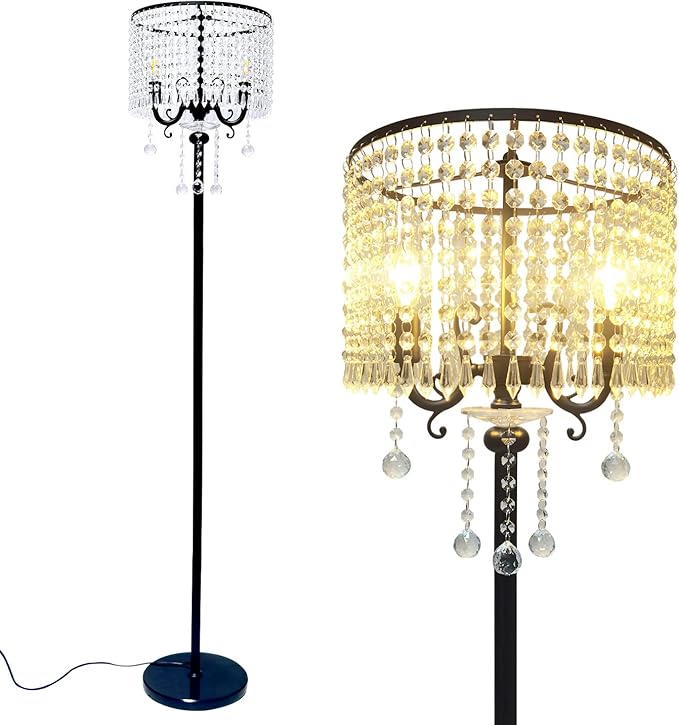 Hsyile KU300267 Modern Elegance Crystal Floor Lamp for Living Room,Bedroom,Office - Standing Tall Pole Lamp - Classic Black - LeafyLoom