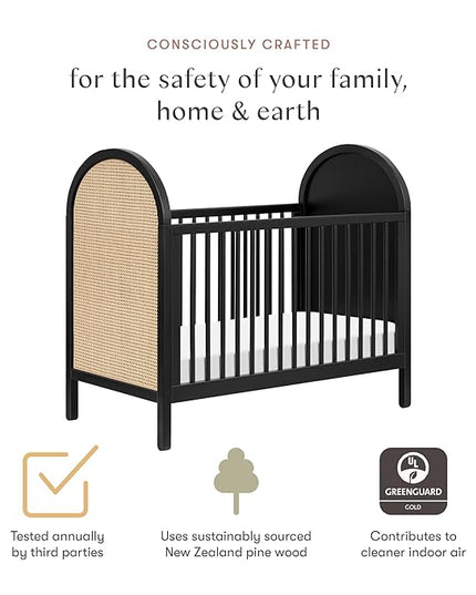 babyletto Bondi Cane 3-in-1 Convertible Crib with Toddler Bed Conversion Kit in Black with Natural Cane, Greenguard Gold Certified - LeafyLoom