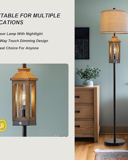 63" Floor Lamps for Living Room Bedside Nightstand Lamp Black Tall Standing Lamp for Home Decor Bedroom Reading Lamp Farmhouse Rustic Bed Lights with 2 Light Sources - LeafyLoom