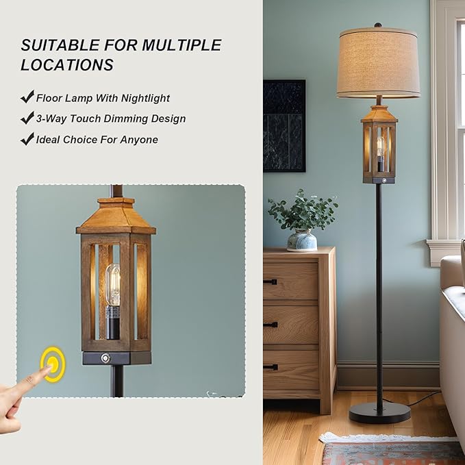 63" Floor Lamps for Living Room Bedside Nightstand Lamp Black Tall Standing Lamp for Home Decor Bedroom Reading Lamp Farmhouse Rustic Bed Lights with 2 Light Sources - LeafyLoom