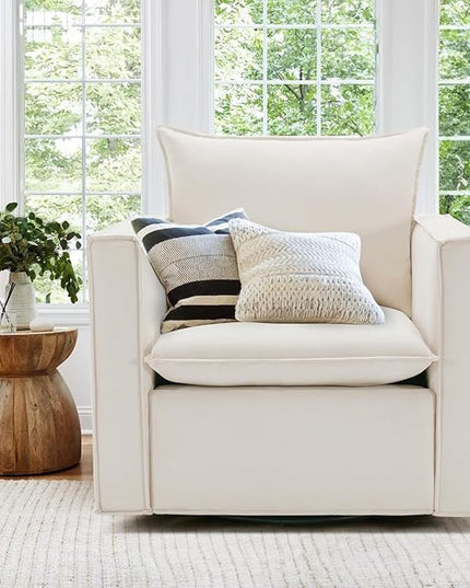 Swivel Accent Chair, 34 Inches Wide Upholstered Arm Chair with Plump Back Pillow, Modern Sofa Living Room Chair for Bedroom, Corner, Reading Nook-Beige - LeafyLoom