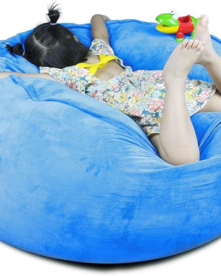 Bean Bag Chair Cover, Stuffed Animal Storage, Plush Toys Organizer Holder, Beanbag Chairs Cover for Kids Teans and Adults Super Soft and Comfortable Fabric X-Large with Handle and Zipper -Round Blue - LeafyLoom