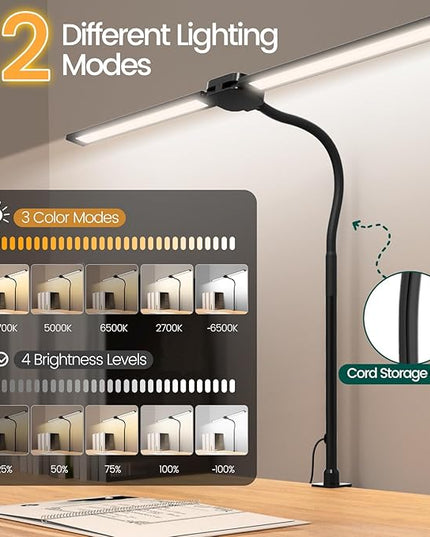 LED Desk Lamp for Home Office, Double Head Computer Desk Lights with Clamp & Wireless Remote, 12 Lighting Modes, Flexible Gooseneck Adjustable Smart Table Reading Study - LeafyLoom