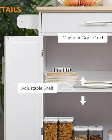 HOMCOM Kitchen Island Cart Rolling Trolley Cart with Drawer, Storage Cabinet & Towel Rack, White - LeafyLoom
