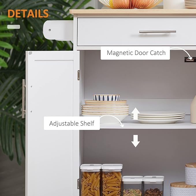 HOMCOM Kitchen Island Cart Rolling Trolley Cart with Drawer, Storage Cabinet & Towel Rack, White - LeafyLoom