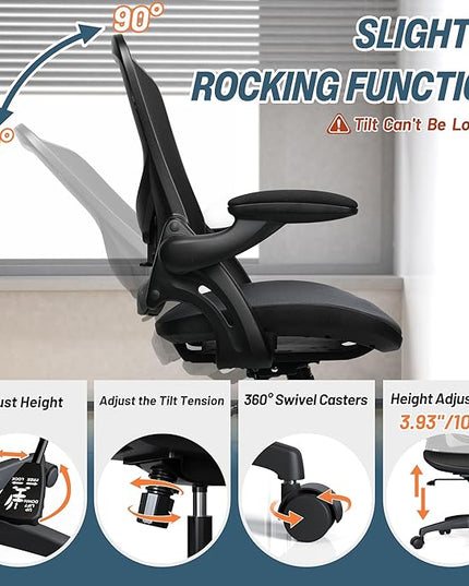 Mesh Home Office Computer Desk Chair Height Adjustable Lumbar Support with Flip Up Arms Swivel Wheels for Adult, Mid Back, black - LeafyLoom