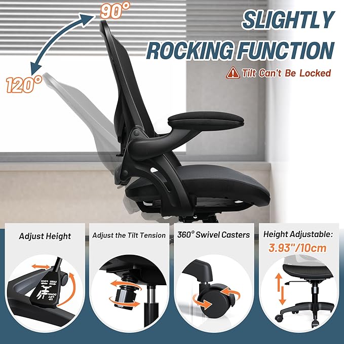 Mesh Home Office Computer Desk Chair Height Adjustable Lumbar Support with Flip Up Arms Swivel Wheels for Adult, Mid Back, black - LeafyLoom
