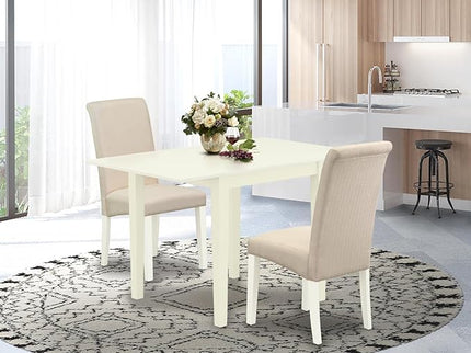 East West Furniture NDBA3-LWH-01 Norden 3 Piece Dinette Set for Small Spaces Contains a Rectangle Dining Table with Dropleaf and 2 Cream Fabric Upholstered Chairs, 30x48 Inch, Linen White - LeafyLoom