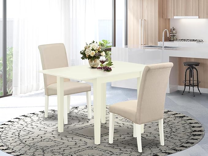 East West Furniture NDBA3-LWH-01 Norden 3 Piece Dinette Set for Small Spaces Contains a Rectangle Dining Table with Dropleaf and 2 Cream Fabric Upholstered Chairs, 30x48 Inch, Linen White - LeafyLoom