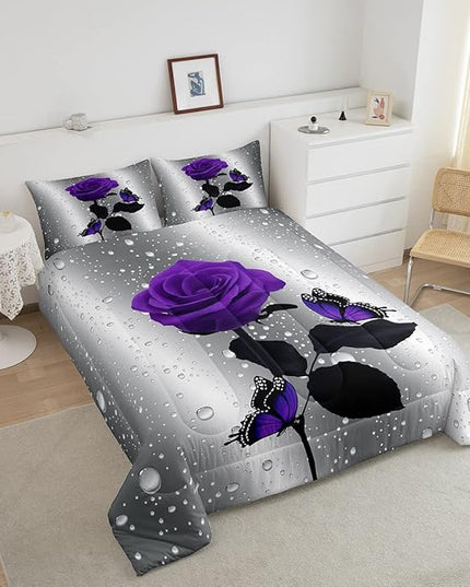 3D Rose Comforter Set Rose Floral Print Bedding Set Romantic Flowers Comforter for Kids Boys Girls Children Teens Bedroom Decor Purple Rose Butterfly Duvet Set King Size Quilt Set With 2 Pillow Case - LeafyLoom