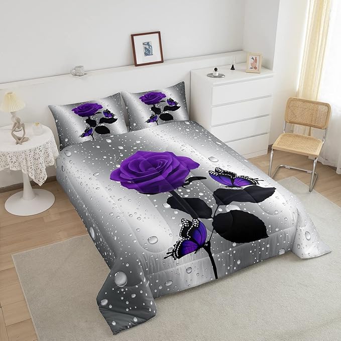 3D Rose Comforter Set Rose Floral Print Bedding Set Romantic Flowers Comforter for Kids Boys Girls Children Teens Bedroom Decor Purple Rose Butterfly Duvet Set King Size Quilt Set With 2 Pillow Case - LeafyLoom