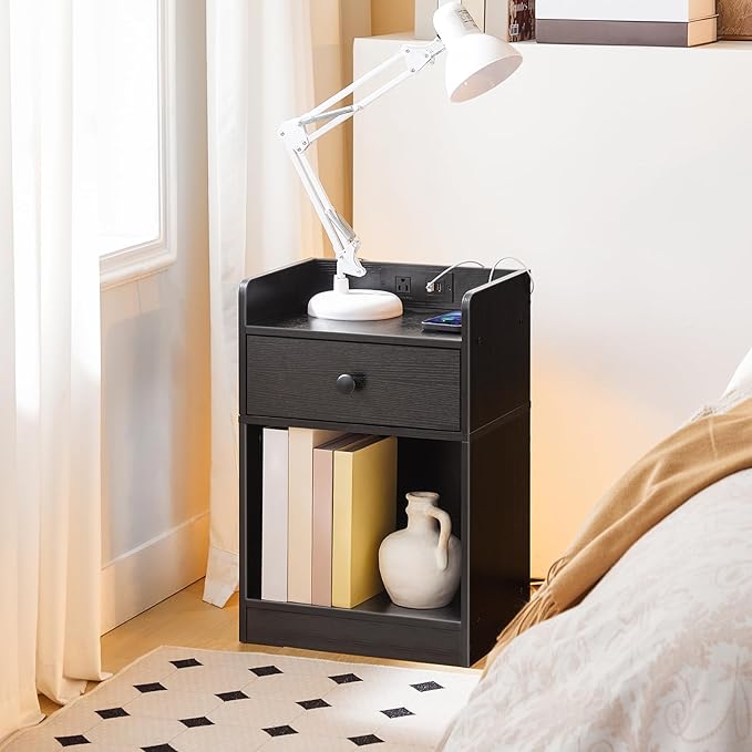 HOOBRO Nightstand with Charging Station, End Table with Drawer and Opening Shelf, Side Table with USB Ports and Outlets, Bedside Table for Bedroom, Small Night Stand Simple Style, Black BK18UBZ01 - LeafyLoom