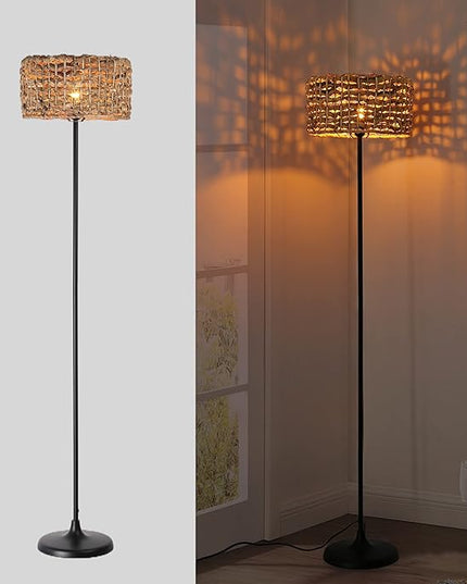Unique Farmhouse Floor Lamp for Living room, Bedroom and Office, Original Handmade Water Lettuce Rattan Shade Tall Standing Light Black , Modern Vintage Rustic Rural Décor(No Bulbs) - LeafyLoom