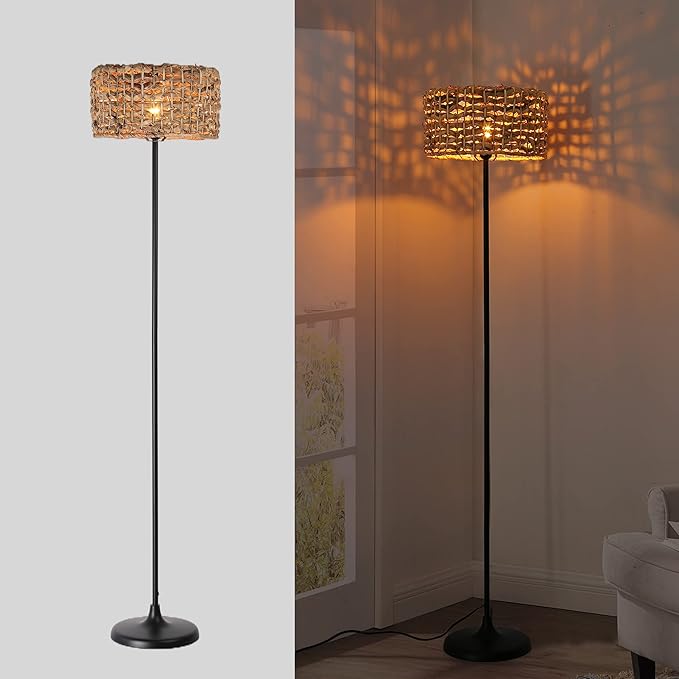 Unique Farmhouse Floor Lamp for Living room, Bedroom and Office, Original Handmade Water Lettuce Rattan Shade Tall Standing Light Black , Modern Vintage Rustic Rural Décor(No Bulbs) - LeafyLoom
