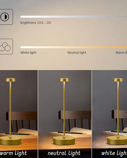 Cordless Battery Powered Table Lamp, Rechargeable LED Dimmable Brightness Metal 6000mAh Touch Desk Lamp Portable Modern Design for Restaurant Indoor & Outdoor (Gold) - LeafyLoom
