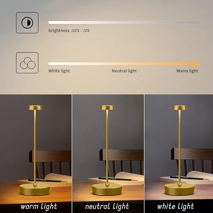 Cordless Battery Powered Table Lamp, Rechargeable LED Dimmable Brightness Metal 6000mAh Touch Desk Lamp Portable Modern Design for Restaurant Indoor & Outdoor (Gold) - LeafyLoom