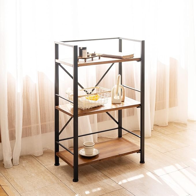 Rustic Bookshelf, 3 Tier Real Wood Bookshelf, Metal Book Shelf for Storage, Black Bookcase, 12.6" D x 23.62" W x 36.61" H - LeafyLoom