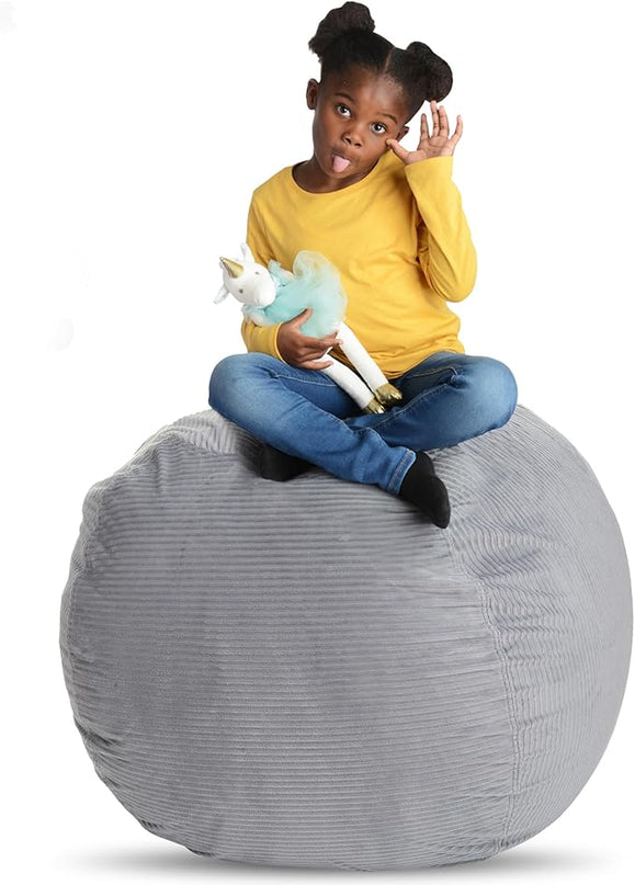 Creative QT Stuff ’n Sit Extra Large 38’’ Bean Bag Storage Cover for Stuffed Animals & Toys, Giant Beanbag Chair for Plush, Toddler & Kids Rooms Bedroom Organizer, Light Gray Corduroy - LeafyLoom