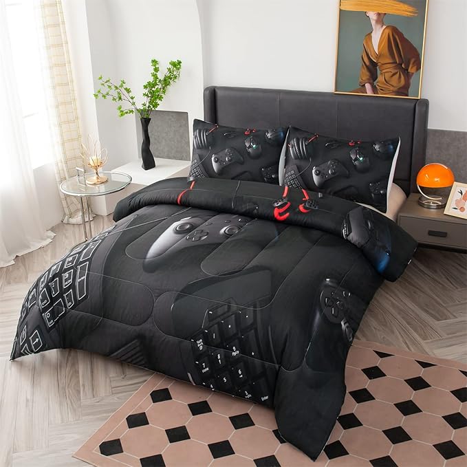Gamer Queen Size Comforter Set for Boys Girls Kids 3D Gaming Lightweight Microfiber Quilts Video Game Bedding Sets Room Decor (Color 1,Queen) - LeafyLoom