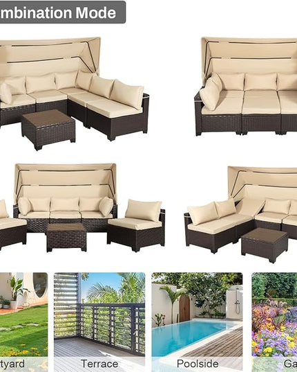 6 PCS Outdoor Patio Furniture Set,Sectional Sofa Set,Rattan Daybed with Retractable Canopy,Adjustable Backrest,Storage Coffee Table for Porch Garden Poolside Backyard(Khaki) - LeafyLoom