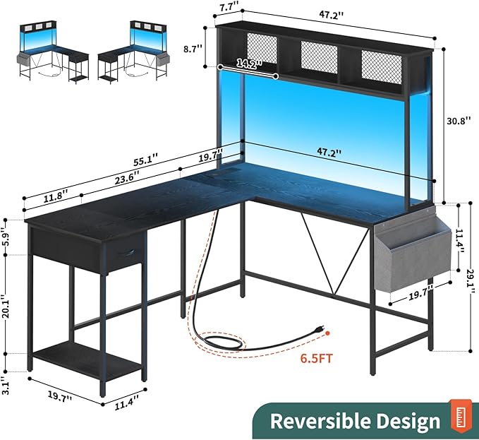 Yoobure L Shaped Desk Gaming Desk with LED Strip & Power Outlet, Reversible L-Shaped Computer Desk with Storage Shelf & Drawer, Corner Desk with Storage Bag, 2 Person Home Office Desk, Black - LeafyLoom