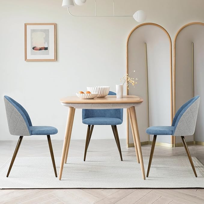 FurnitureR Upholstered Fabric Dining Chair Mid Back Armless with Wood Legs for Home Kitchen Bedroom Living Room, Set of 2, Blue/Grey - LeafyLoom