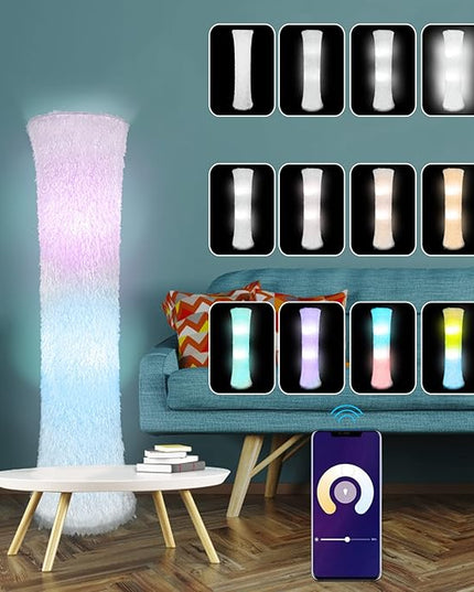 Floor Lamp with Two LED Bulbs, RGB Full Color Changing, Music Sync, Fabric Shade with Faux Feather Tassels Finish - LeafyLoom