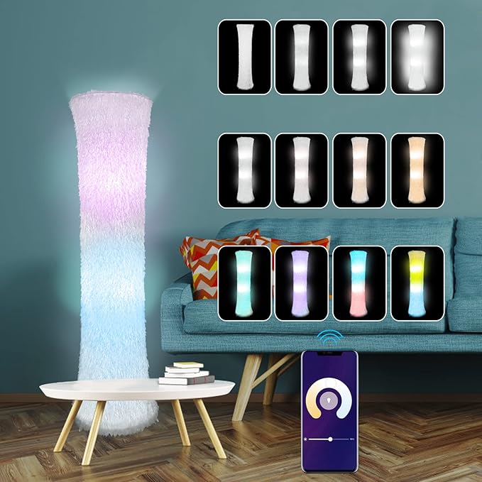 Floor Lamp with Two LED Bulbs, RGB Full Color Changing, Music Sync, Fabric Shade with Faux Feather Tassels Finish - LeafyLoom