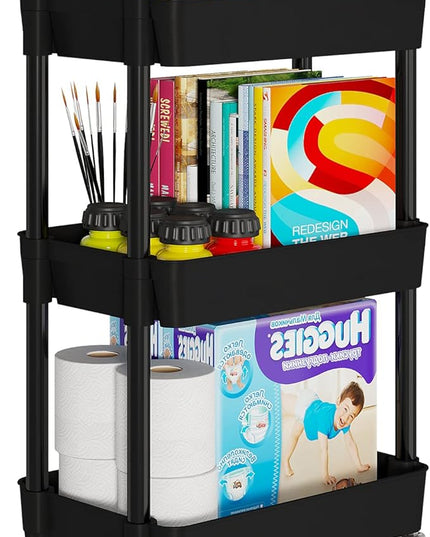 3-Tier Kitchen Storage Cart,Multifunction Utility Rolling Storage Organizer,Mobile Shelving Unit Cart with Lockable Wheels for Bathroom,Laundry,Living Room,With Classified Stickers,Black - LeafyLoom