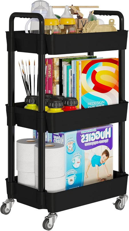 3-Tier Kitchen Storage Cart,Multifunction Utility Rolling Storage Organizer,Mobile Shelving Unit Cart with Lockable Wheels for Bathroom,Laundry,Living Room,With Classified Stickers,Black - LeafyLoom
