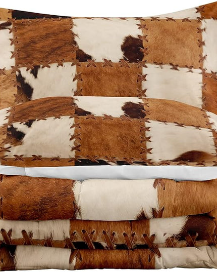 Tailor Shop Brown Cow Print Comforter Set King, Farmhouse Cow Print Bedding in A Bag, Leather Stitching Rustic Cowhide Comforter with 2 Matching Pillowcases Bedroom Decor…… - LeafyLoom