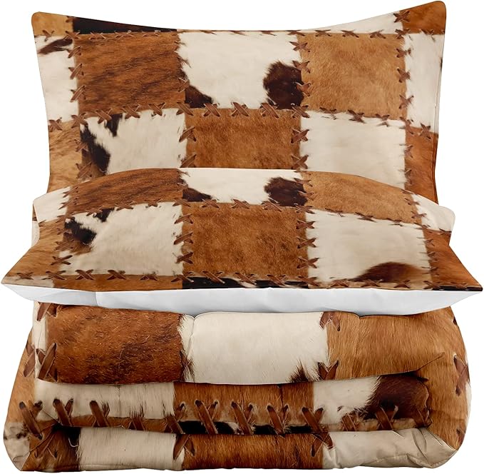 Tailor Shop Brown Cow Print Comforter Set King, Farmhouse Cow Print Bedding in A Bag, Leather Stitching Rustic Cowhide Comforter with 2 Matching Pillowcases Bedroom Decor…… - LeafyLoom