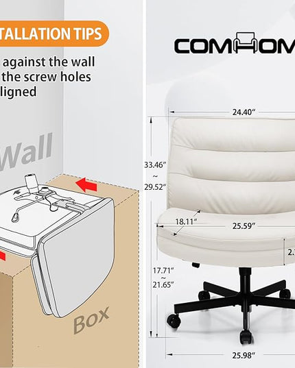 COMHOMA Criss Cross Chair with Wheels, Armless Wide Cross Legged Office Chair Mid Back, Modern Home Office Desk Chair Swivel Adjustable Vanity Computer Chair, Beige - LeafyLoom