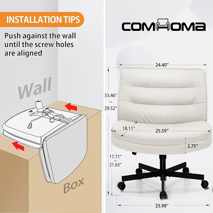COMHOMA Criss Cross Chair with Wheels, Armless Wide Cross Legged Office Chair Mid Back, Modern Home Office Desk Chair Swivel Adjustable Vanity Computer Chair, Beige - LeafyLoom