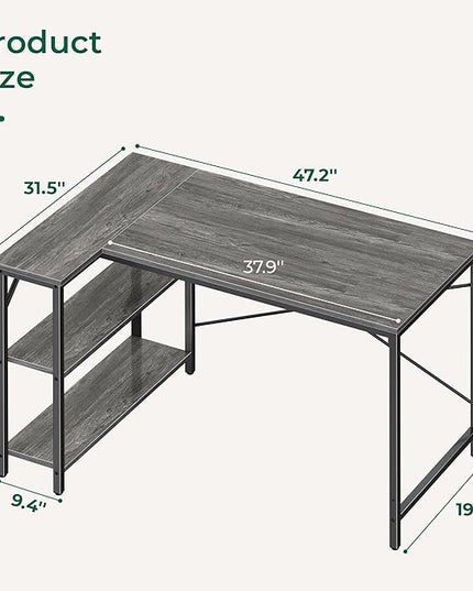 L Shaped Desk, 47 Inches Computer Desk with Reversible Storage Shelves, Gaming Desk, Corner Desk Home Office Desks, Writing Desk Study Desk with Metal Frame, Gray - LeafyLoom