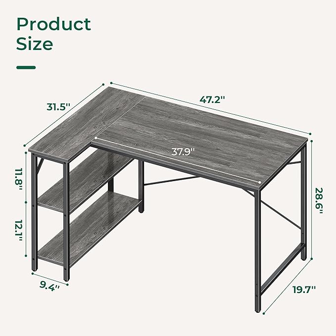 L Shaped Desk, 47 Inches Computer Desk with Reversible Storage Shelves, Gaming Desk, Corner Desk Home Office Desks, Writing Desk Study Desk with Metal Frame, Gray - LeafyLoom