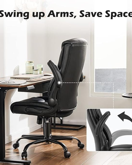 JHK Leather Office Chair with Flip Up Arms, Executive High Back Big and Tall Desk Chairs with Ergonomic Lumbar Support, Adjustable Height,Wheels, Soft Padded, Black - LeafyLoom