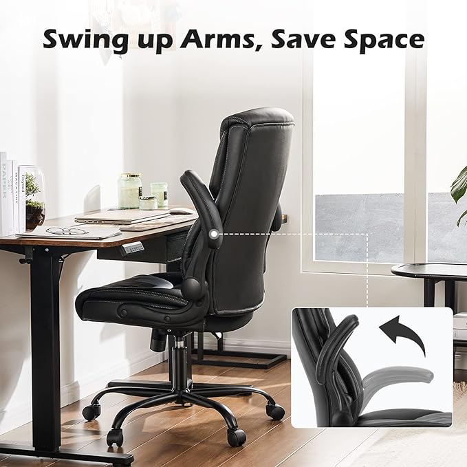 JHK Leather Office Chair with Flip Up Arms, Executive High Back Big and Tall Desk Chairs with Ergonomic Lumbar Support, Adjustable Height,Wheels, Soft Padded, Black - LeafyLoom
