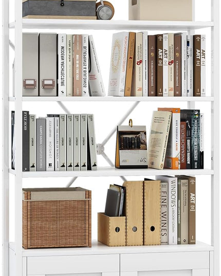 Storage Cabinet with 4 Open Shelves,1 Cupboard,White Bathroom Display Standing Shelf, White Wooden and Metal Frame Shelf for Living Room, Bathroom Bedroom, Home Office Organizer - LeafyLoom