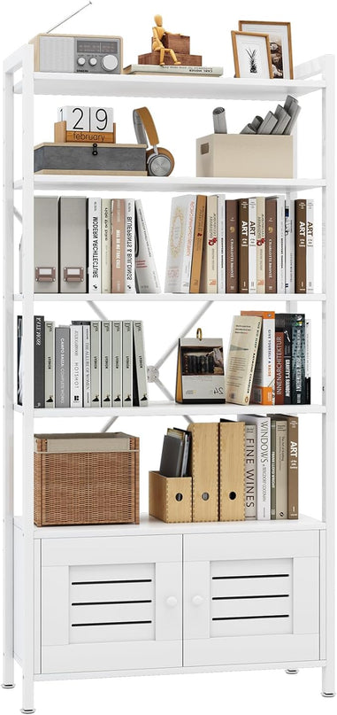 Storage Cabinet with 4 Open Shelves,1 Cupboard,White Bathroom Display Standing Shelf, White Wooden and Metal Frame Shelf for Living Room, Bathroom Bedroom, Home Office Organizer - LeafyLoom