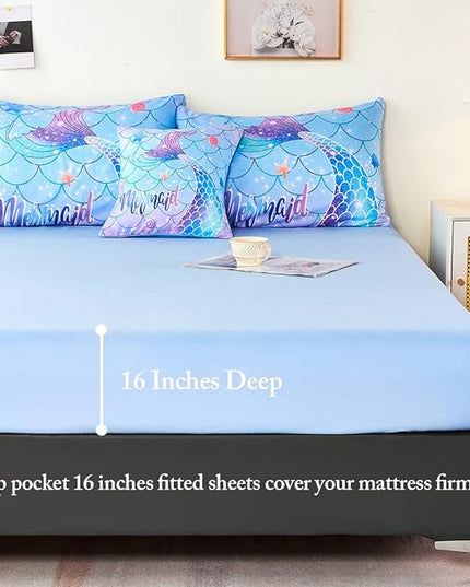 URBONUR Mermaid Tail Bedding Set Queen Size, 6Pcs Fish Scales Print Bed in a Bag Girls Queen Comforter Set, Ombre Aqua Blue Teal Pink Purple Bed Sets for Girls Bedroom Decor - LeafyLoom