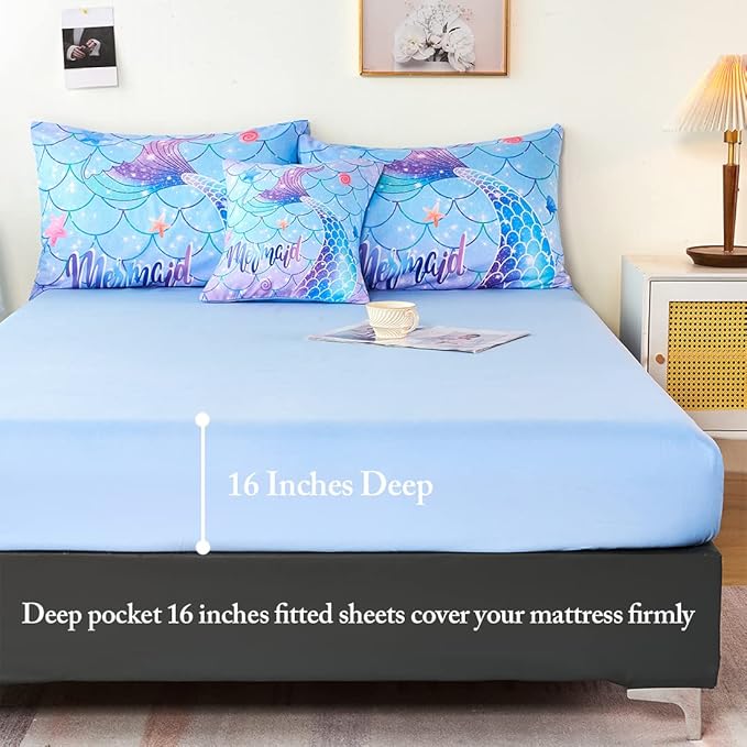 URBONUR Mermaid Tail Bedding Set Queen Size, 6Pcs Fish Scales Print Bed in a Bag Girls Queen Comforter Set, Ombre Aqua Blue Teal Pink Purple Bed Sets for Girls Bedroom Decor - LeafyLoom