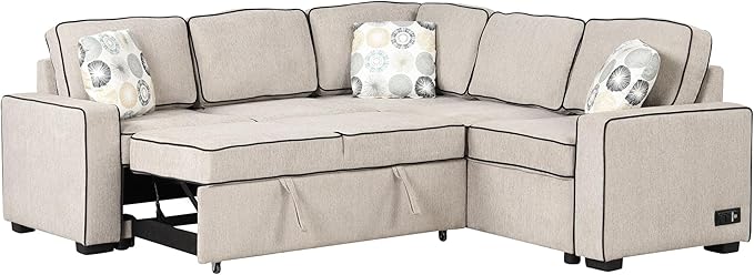 83“ L-Shape Sectional Sleeper Sofa with Pull out Bed, Linen Upholstered Convertible Couch w/ 3 Pillows, 2 Power Sockets &2 USB ports, for Living Room Apartment, 83 Inch, Cream - LeafyLoom