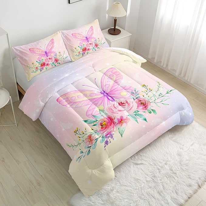 CVHOUSE Butterfly Comforter Sets King for Girls Women,Butterfly Bedding Sets King Set,Butterflies Bedspread,Butterfly Duvet,Butterfly Bed Set,Butterflies Quilt Set 3 Pcs 1 Comforter and 2 Pillowcases - LeafyLoom